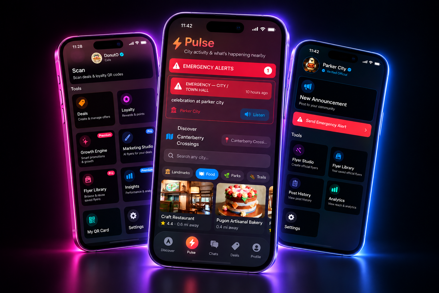 Kapota on three phones — a business dashboard, Pulse local discovery, and city announcements.